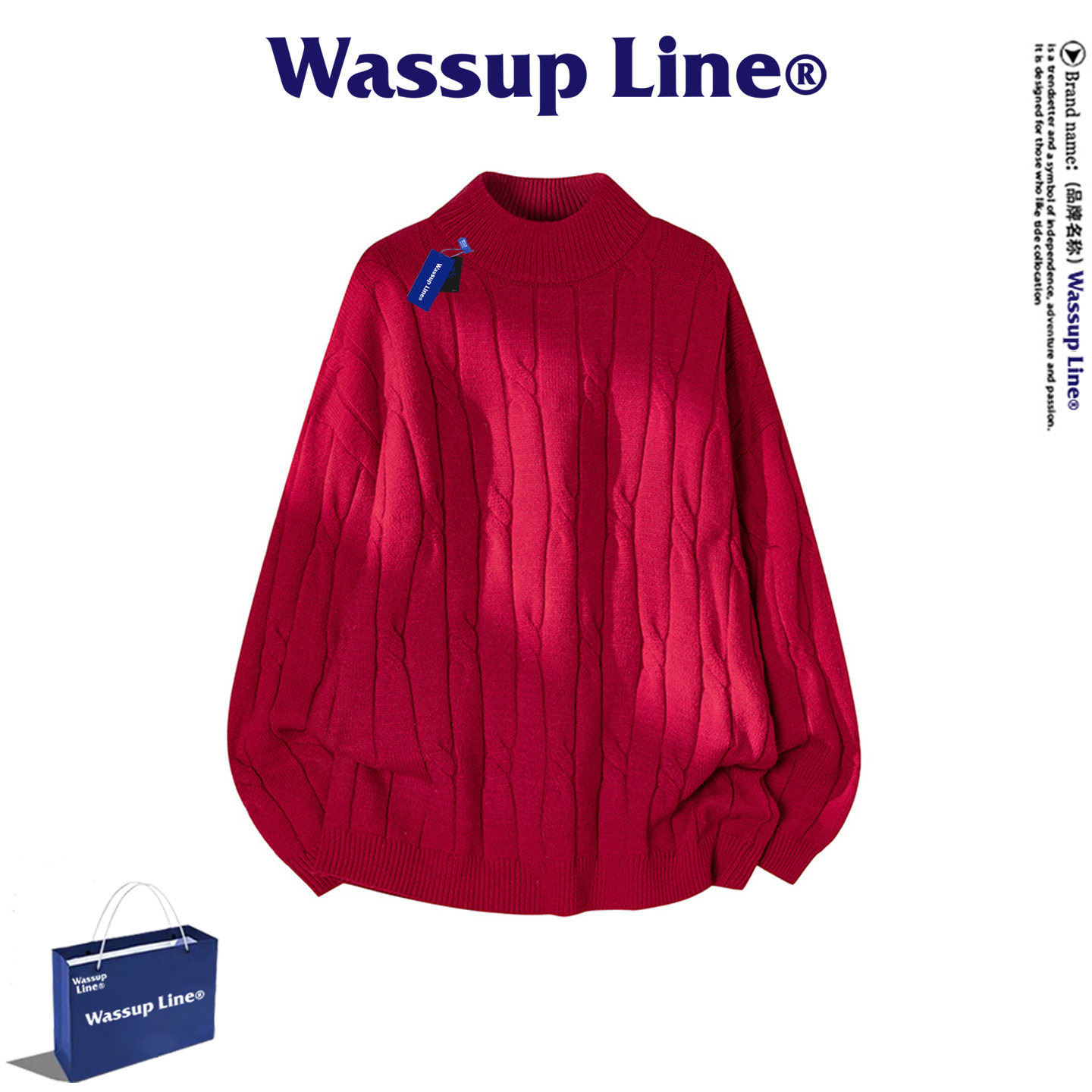 WASSUP Line潮牌麻花纹毛衣男春季宽松休闲套头针织衫半高领上衣