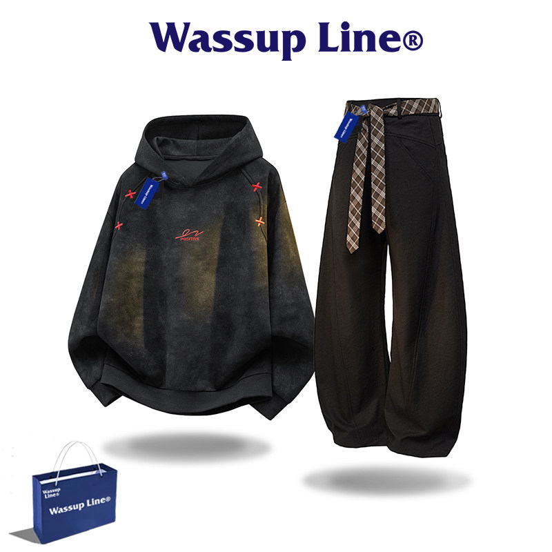 Wassup Line潮牌秋冬连帽卫衣套装男款青少年秋季长袖休闲运动装