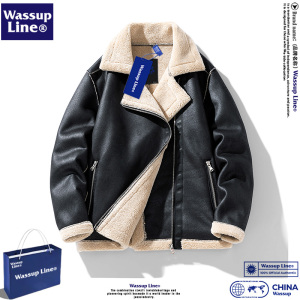WASSUP Line潮牌棉衣男冬季纯色宽松机车夹克立领男士羊羔毛外套