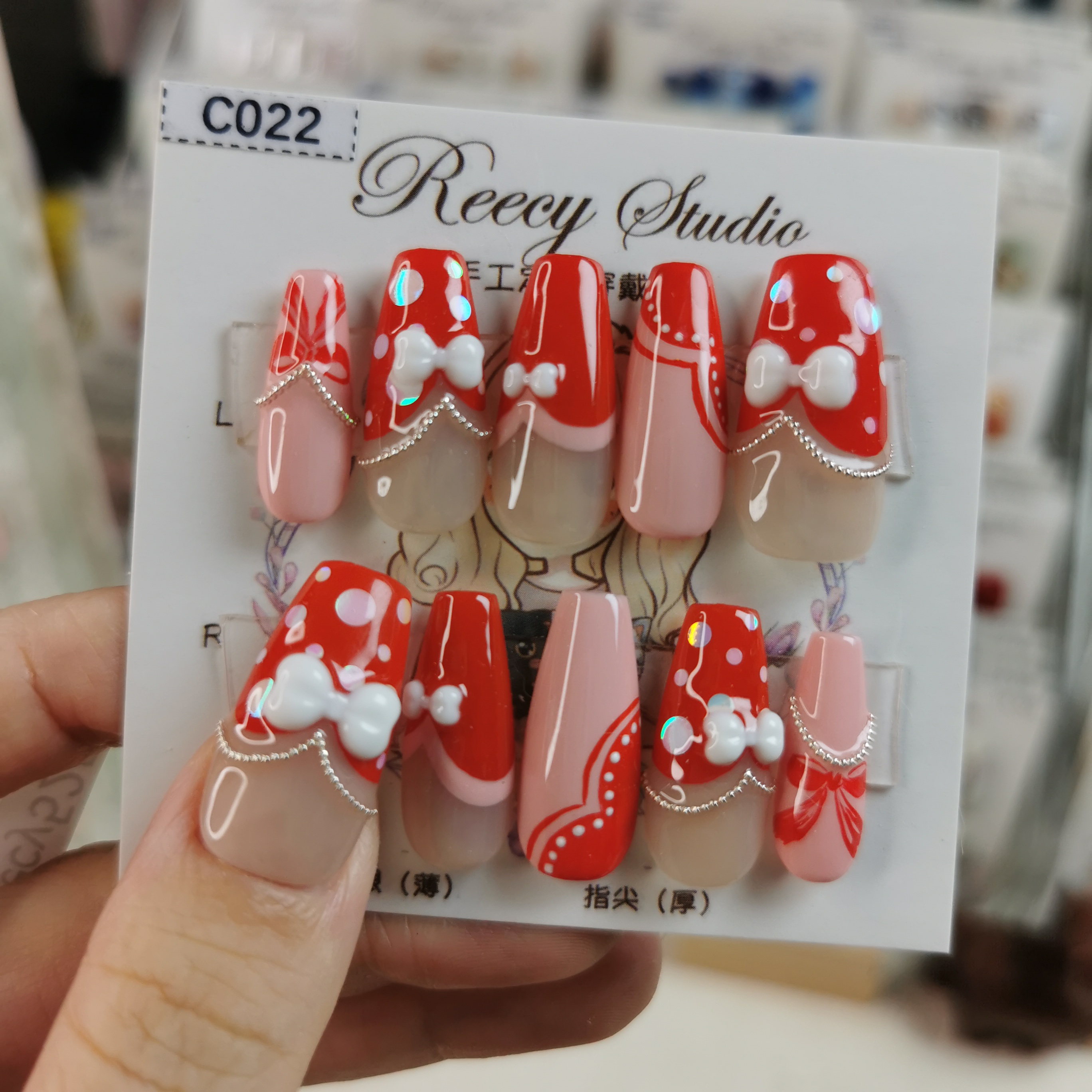 【Reecy手工穿戴甲】C022 双色波点立体蝴蝶结波浪法式手工穿戴甲