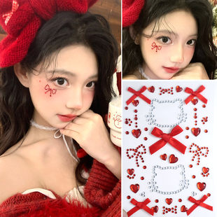 新年元旦氛围感蝴蝶结贴纸妆容雪花贴纸脸碎钻粉色系甜美公主贴饰