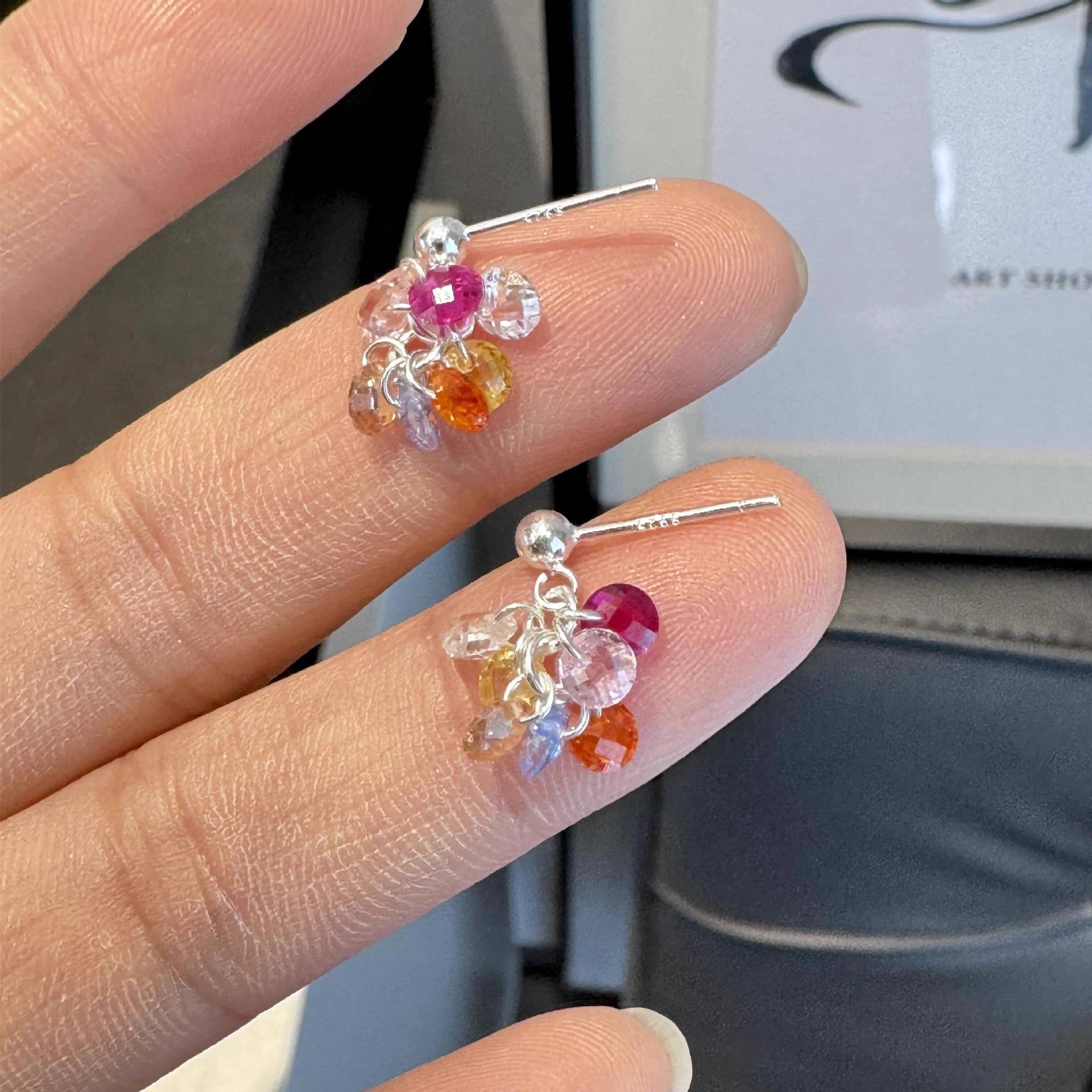 彩色水晶流苏吊坠耳钉女S925银针甜美可爱耳环小众设计高级感耳饰