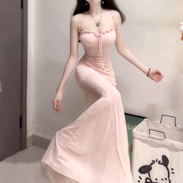 法式温柔风性感网纱拼接吊带连衣裙女夏季气质修身显瘦鱼尾长裙子