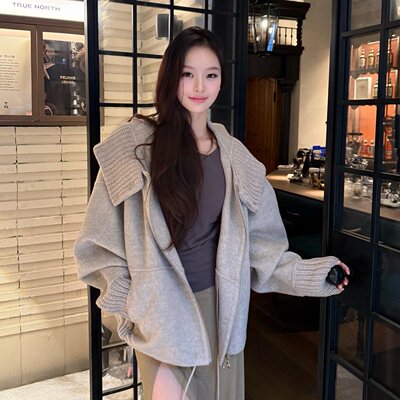2ND STUDIOS 灰色连帽毛呢外套女休闲百搭慵懒风2025年秋冬新款