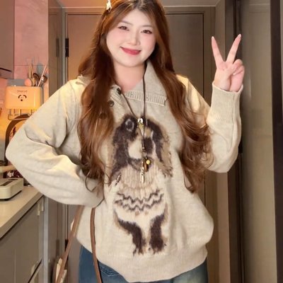 大码女装 腊肠小狗翻领套头毛衣秋冬复古慵懒风针织衫