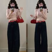 上衣秋冬甜辣风修身 实拍大码 针织衫 粉色v领长袖 显瘦打底内搭 女装