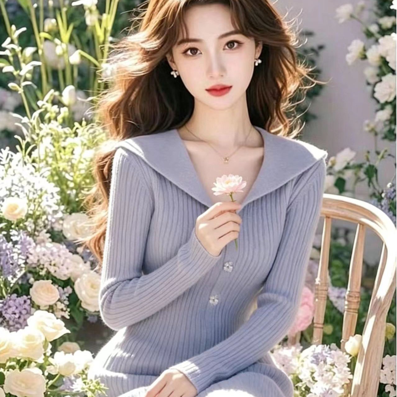 韩国小香风超好看绝美V领针织连衣裙女秋冬高级感收腰打底毛衣裙