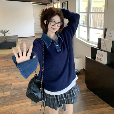 实拍~2025秋冬美式复古牛仔拼接假两件套头毛衣减龄大码针织上衣