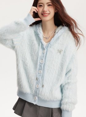 umoumo乌蘑原ntot清新少女浅蓝双色仿貂针织连帽开衫宽松外套女