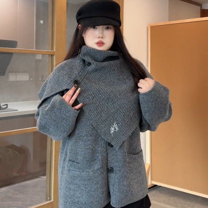 大码胖妹妹韩系复古灰色围脖针织开衫外套女秋冬季慵懒风宽松毛衣,女装/女士精品,大码内搭,淘宝优惠券,粉丝福利购,淘宝优惠卷