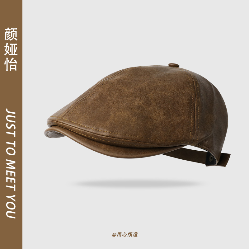 皮质前进帽男女秋冬文艺复古百搭