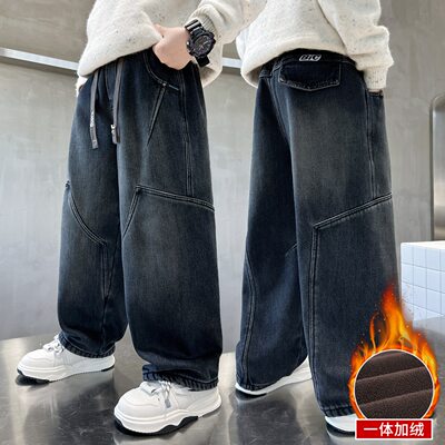儿童装男童加绒裤子2025新款秋冬款一体绒男孩加厚牛仔冬季大童潮