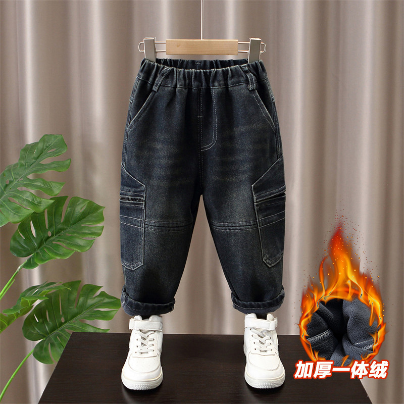 男童裤子2025新款今年流行爆款儿童加绒直筒裤宝宝冬季牛仔裤韩版