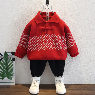 男童2025新款毛衣秋冬款儿童上衣冬季加厚小童红色宝宝polo针织衫