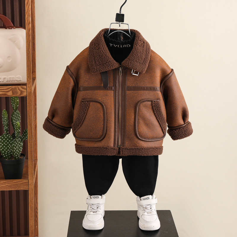 童装2025新款男童冬装夹克斜襟皮毛一体潮牌休闲洋气毛领冬款外贸