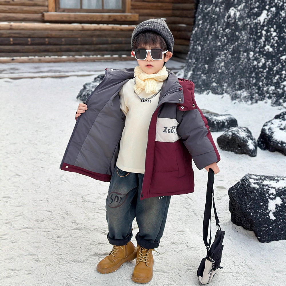 男童羽绒服冬季2025新款儿童白鸭绒外套中长款宝宝冬装轻薄款拼接