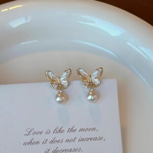 鲛人语/花间舞 原创天然贝母高级感珍珠耳钉小众轻奢蝴蝶耳饰清冷