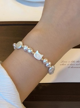 鲛人语/慵懒小猫 原创天然淡水珍珠白贝母猫头手链女 高级感手串