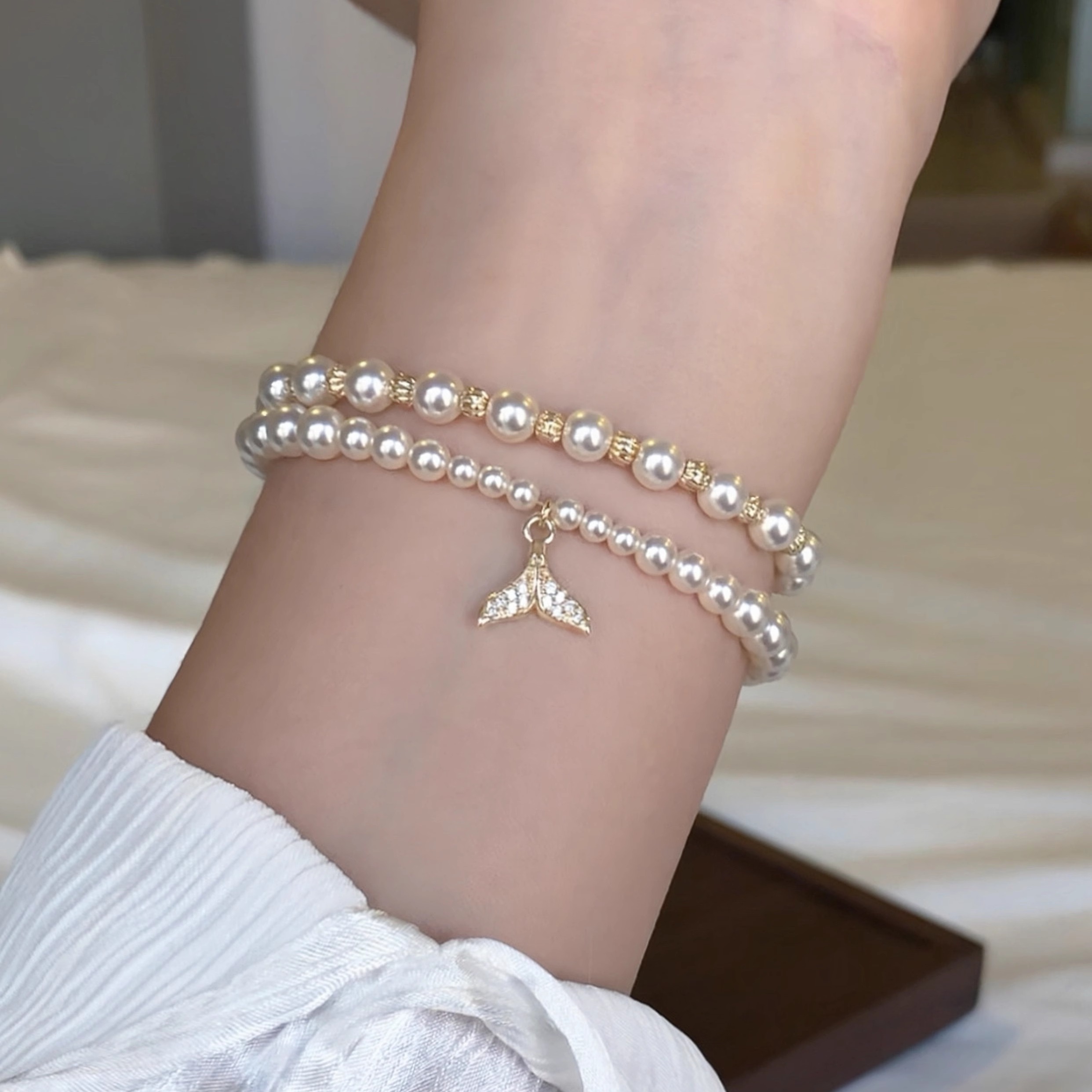 鲛人语/人鱼之梦 原创锆石人鱼尾巴正圆高亮珍珠小金珠双层手链