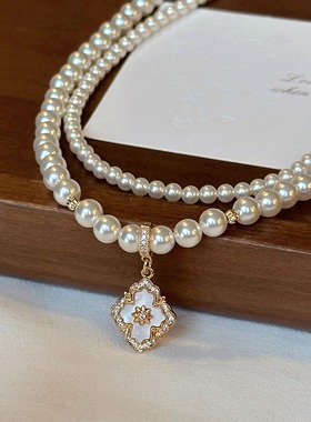 鲛人语/云间花房 原创高亮施家珍珠贝母双层项链轻奢感毛衣链女