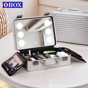 OBOX16寸专业化妆师专用化妆箱带镜子带LED灯纹绣美甲手提工具箱