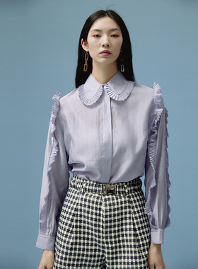 春季新款通勤百搭宽松紫色纯色荷叶边娃娃领衬衫NE1361110