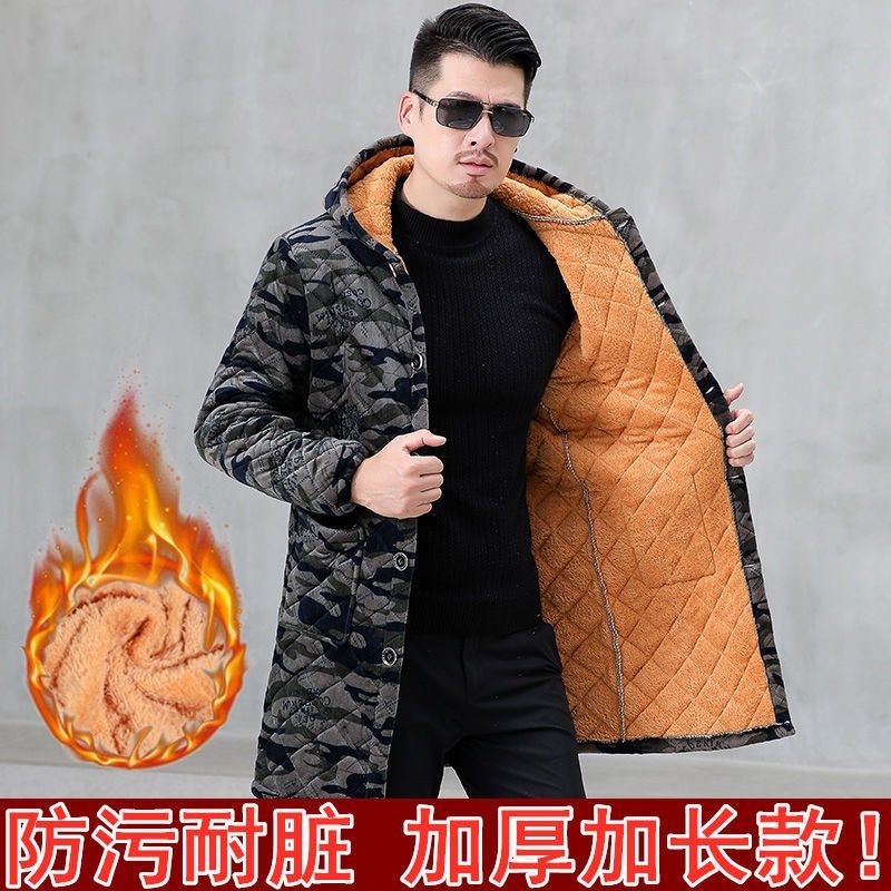四川省服秋冬季男士棉衣外套加绒加厚长款罩衣工作服大衣连帽大褂