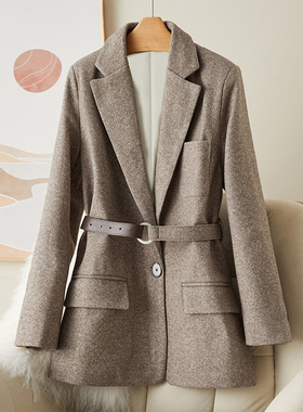 沫希妮灰色小西装外套女气质毛呢设计感小个子收腰西服上衣春秋