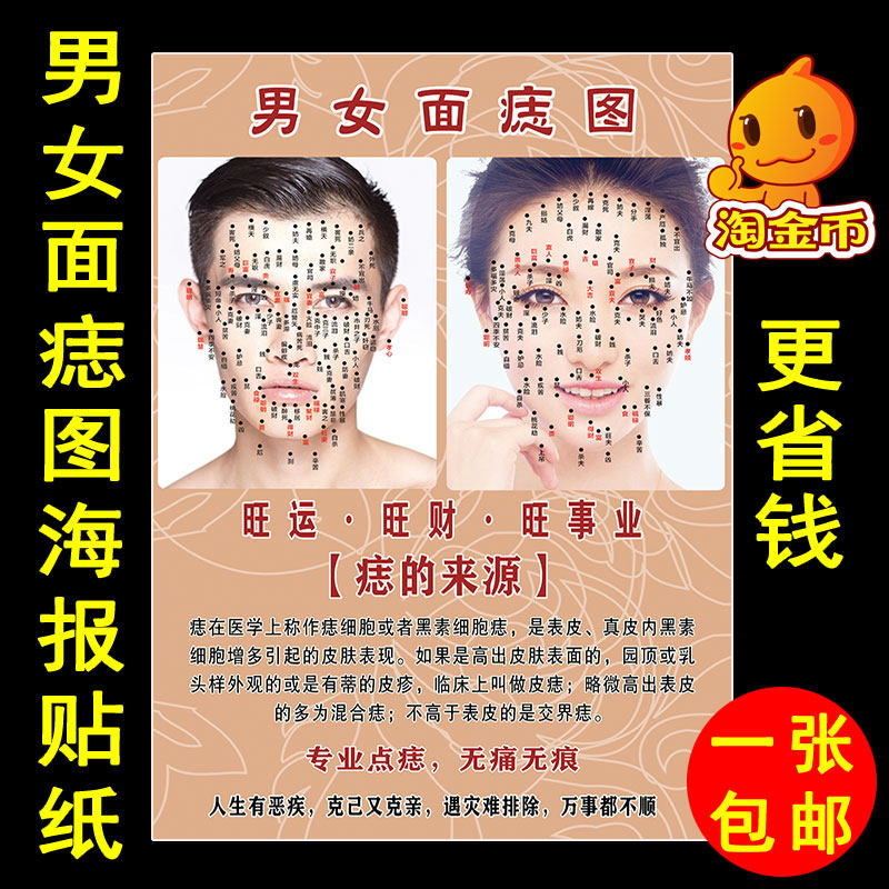 男女面痣图美容院宣传广告画 脸部取痣面相图q复古海报挂图墙贴纸