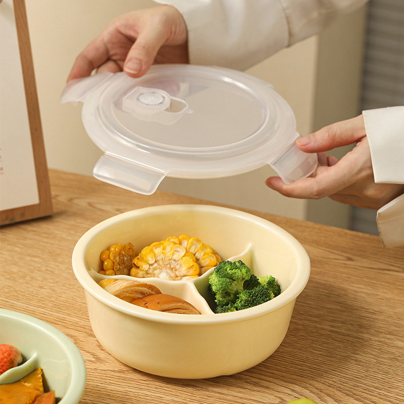 奶黄饭盒陶瓷分格碗三格分格饭盒成人加深分隔上班族食堂打饭减肥