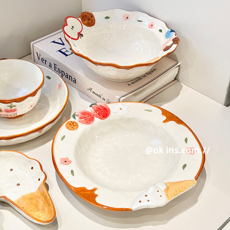 海派甜心手绘釉下彩陶瓷味碟米饭碗汤面碗沙拉意面汤深盘浮雕餐具