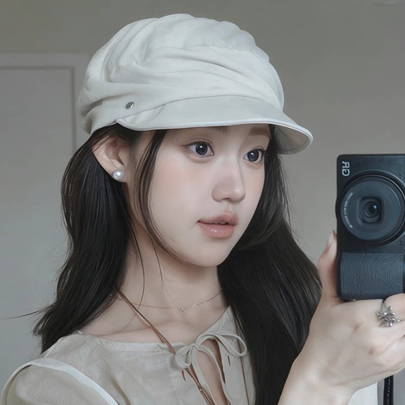 日系复古棉麻褶皱贝雷帽子女款春夏季薄款大头围画家帽百搭防晒帽