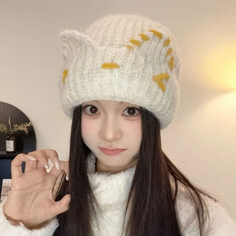 日系猫耳护耳针织帽秋冬保暖女款
