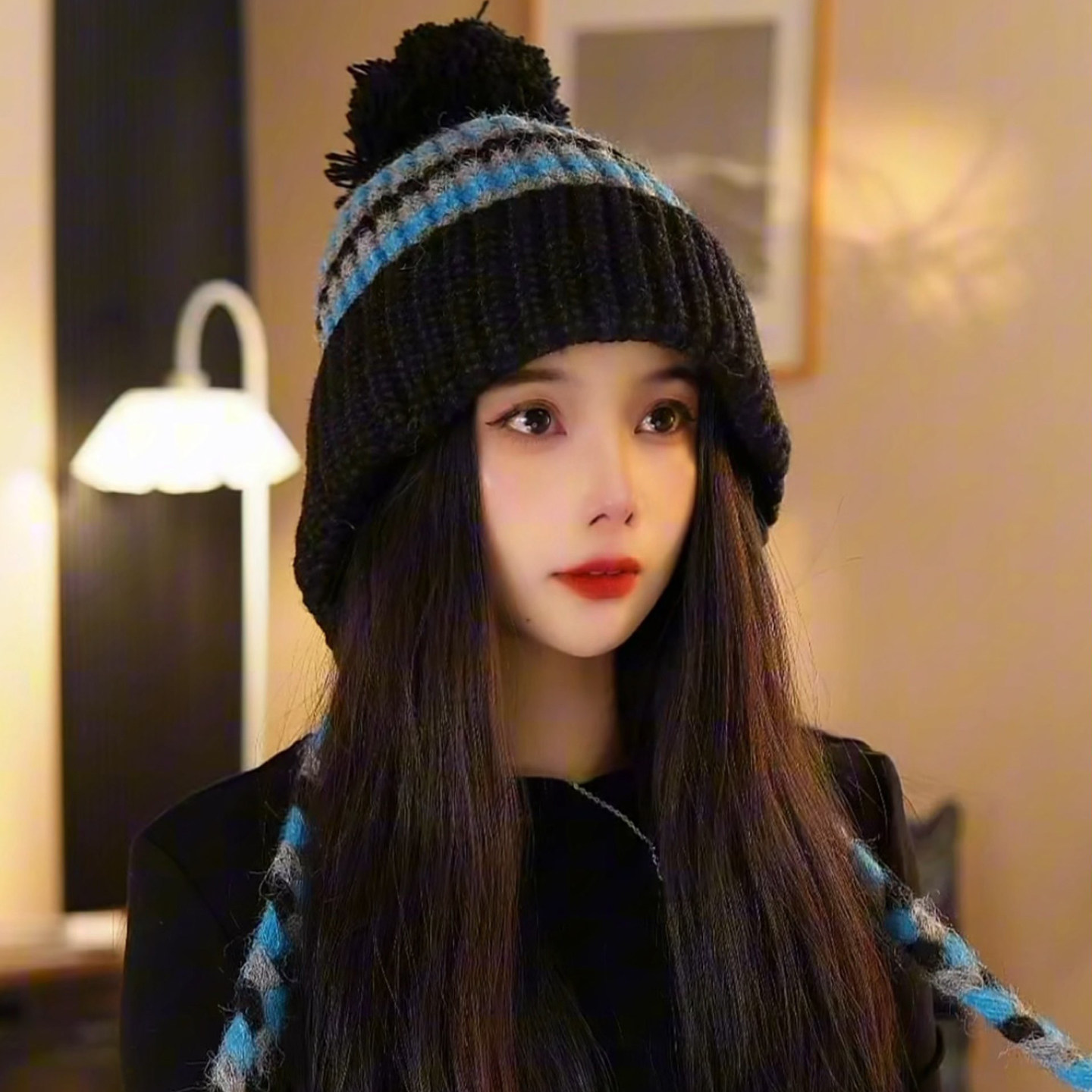 费尔岛复古条纹毛球包头帽子女秋冬季加厚保暖护耳帽大头围针织帽