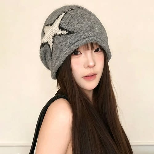 美式复古星星卷边堆堆帽女秋冬