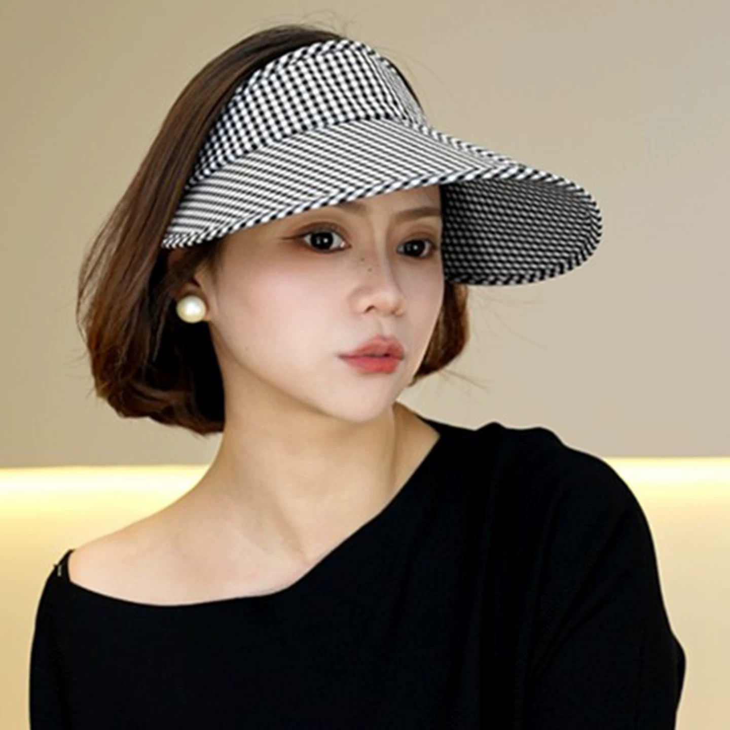 韩版黑白格纹空顶大檐防晒女帽