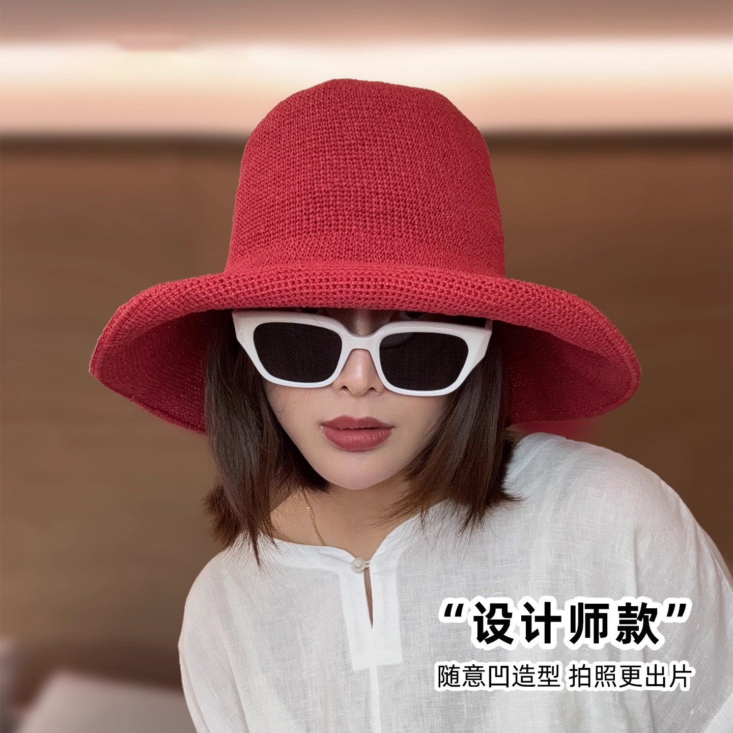 日系手工细钩针草帽子女夏季海边度假可折叠大檐遮阳帽出游渔夫帽