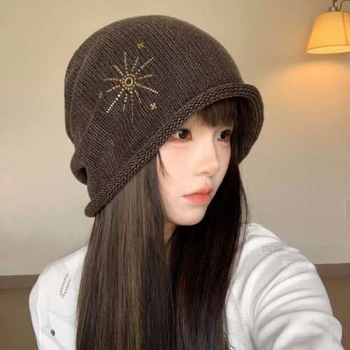 日系复古星芒针织堆堆帽女秋冬