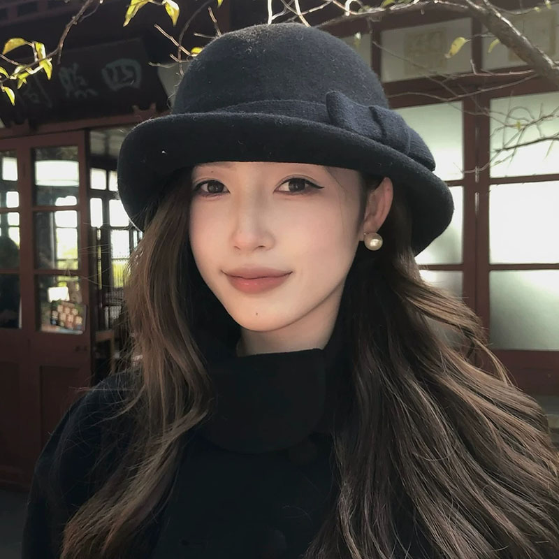 秋冬法式蝴蝶结毛呢渔夫帽女