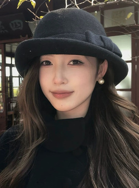 秋冬法式蝴蝶结毛呢渔夫帽女