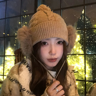 日系复古百搭针织帽耳罩一体式绒球保暖包头帽子女士秋冬季大头围