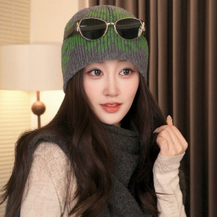 日系复古针织包头帽子女秋冬季 宽松大头围保暖防风冷帽百搭护耳帽