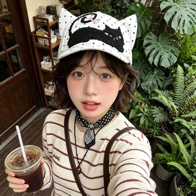 秋款猫咪刺绣波点猫耳棒球帽女