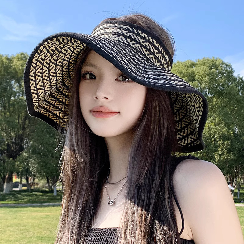 韩版条纹草编空顶遮阳帽子女夏季