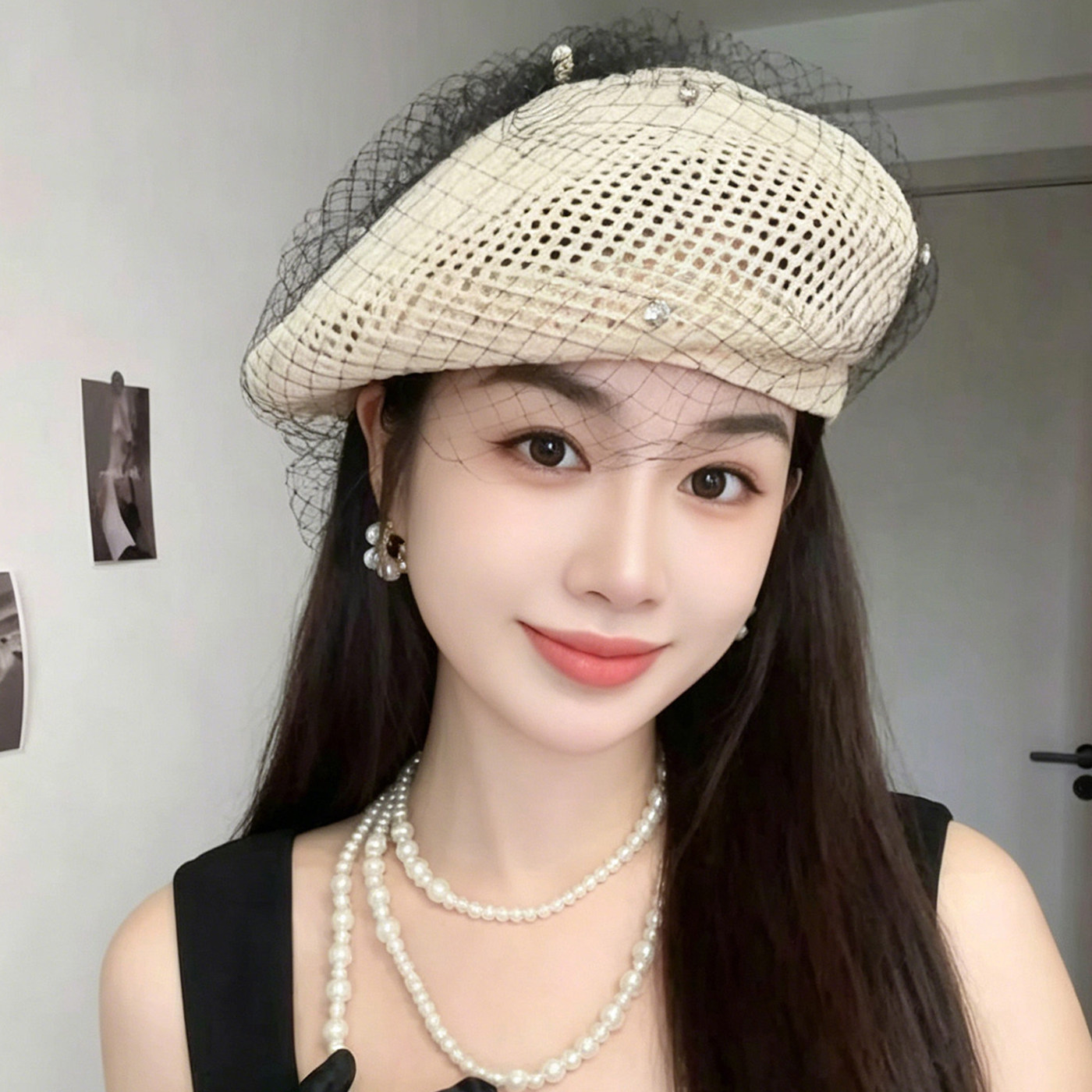 夏季法式网纱镂空显脸小贝雷帽