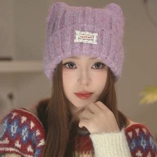 日系可爱甜美猫耳针织帽子女士冬季百搭学生保暖防风冷帽包头帽潮