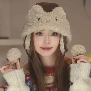 日系可爱猫耳包头帽子女款冬季加厚保暖防风护耳帽大头围雷锋帽潮