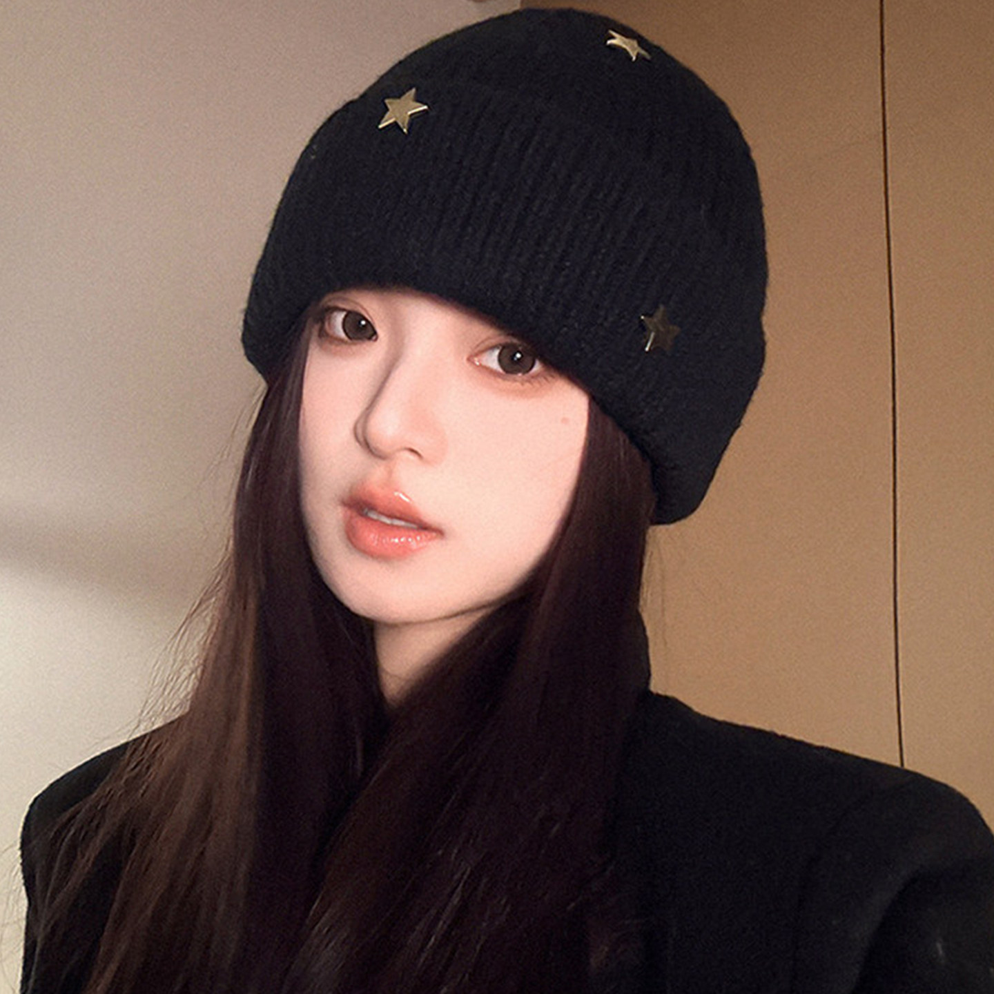 韩国黑色时尚立体星星针织帽子女款秋冬季新款百搭大头围保暖冷帽