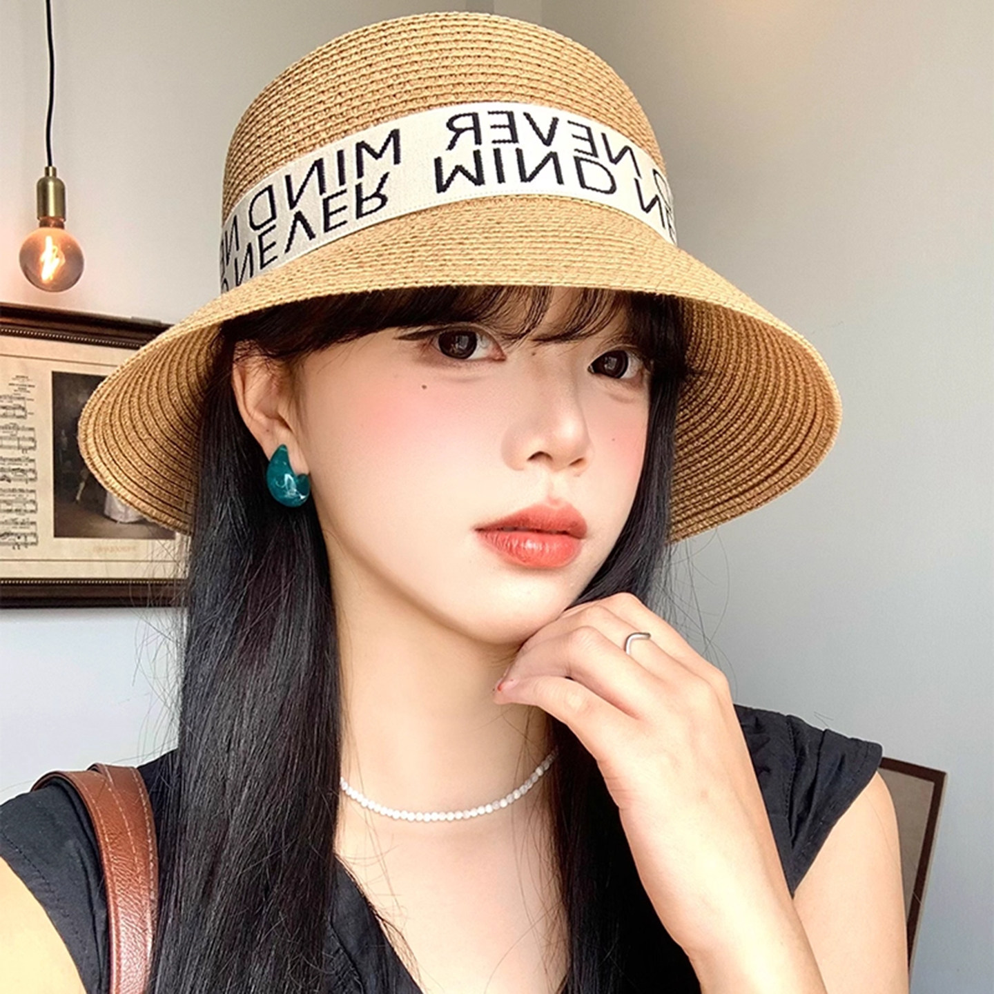 韩版字母绑带草帽子女夏季出游