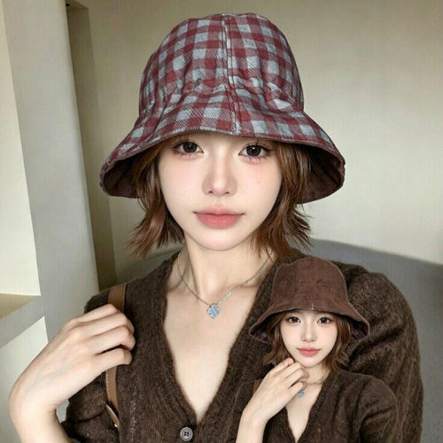 日系复古格纹遮脸显脸小渔夫帽
